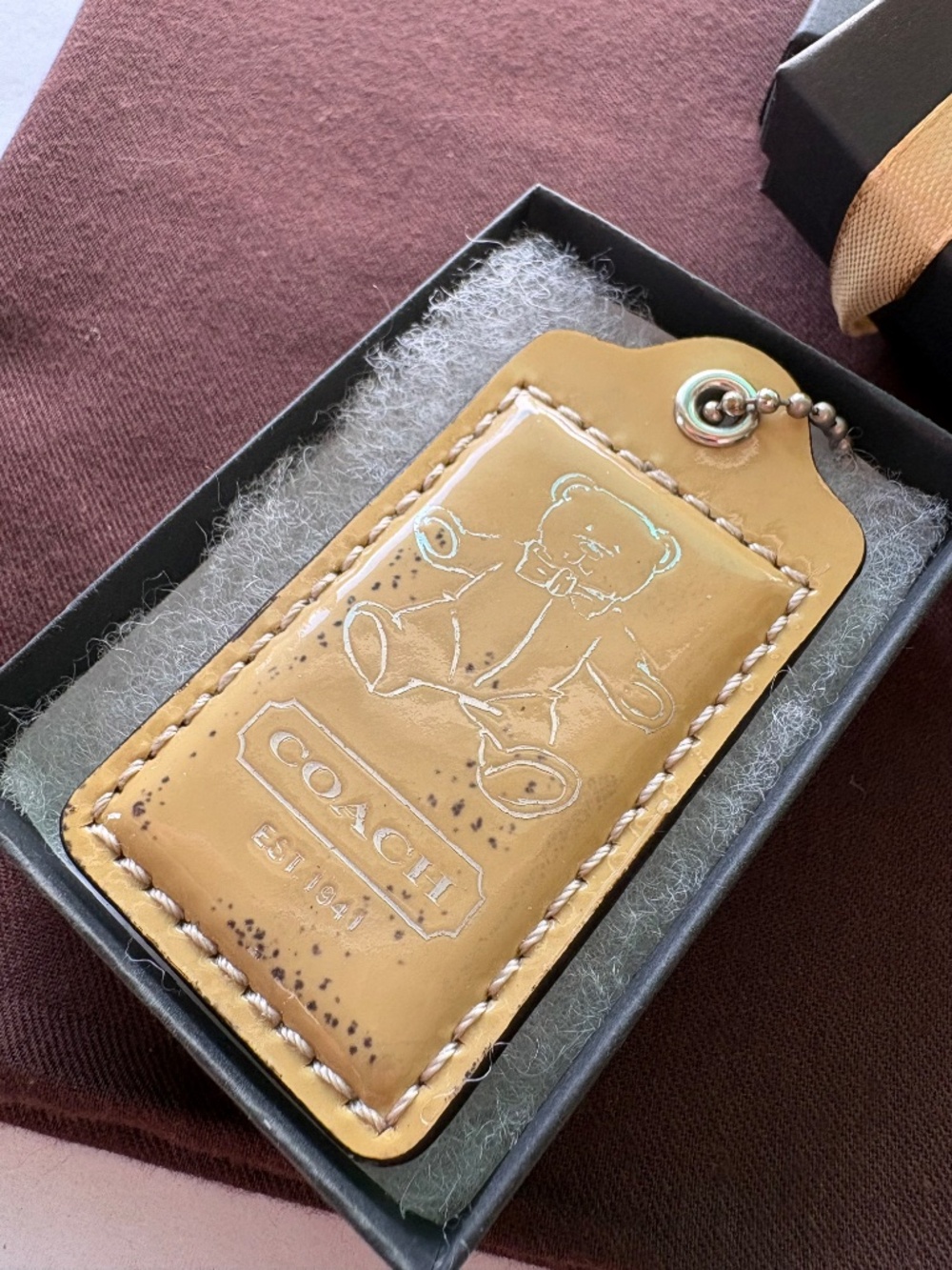 🧸 Ltd Ed COACH Teddy Bear Jumbo 3” Butterscotch Tan Patent Leather Hang tag